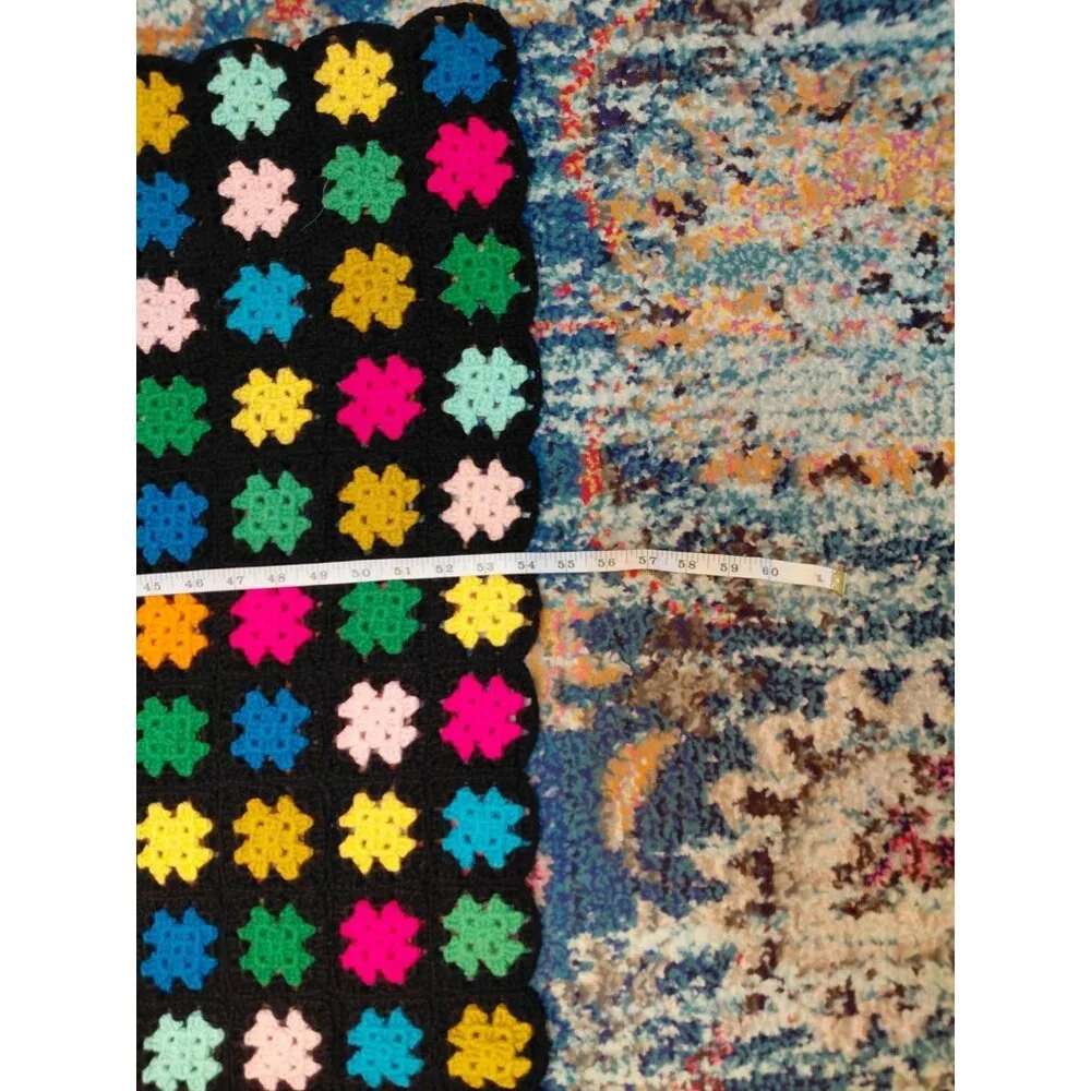 Vtg 70s Granny Square Throw Afghan Multicolor‎ Stained Glass 